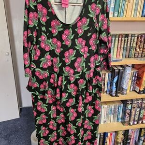 Betsey Johnson, Torrid, Black Long Sleeve Dress with Pink Cherry Print